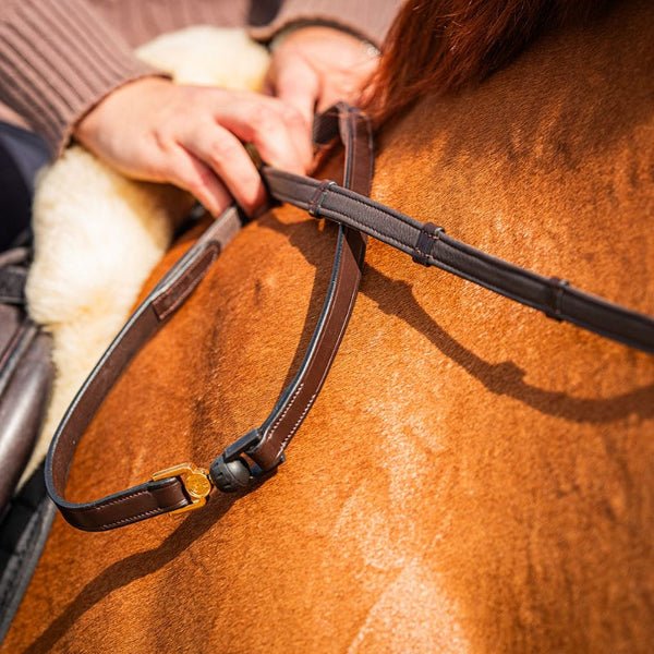FR Vincitore Quick Release Safety Reins, Eventing, Havana Leather - Charles Owen