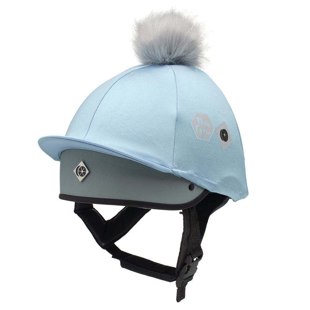 Horseware Riding Hat Silk skull cap cover BABY BLUE  Extra Large NAVY Faux Fur Pompom 