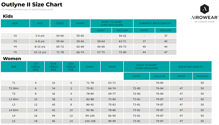 airowear outlyne II size chart