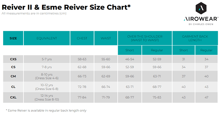 airowear reiver II size chart